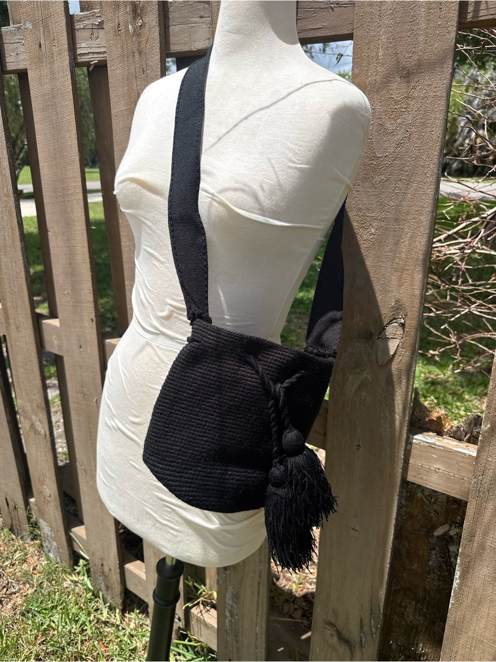 Black Woven Wayu Crossbody Bag with Tassel